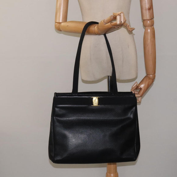 Salvatore Ferragamo Vera Tote Bag Embossed Leather Black Gold Auth BA2962