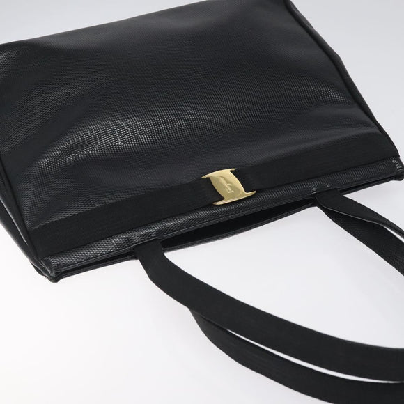 Salvatore Ferragamo Vera Tote Bag Embossed Leather Black Gold Auth BA2962