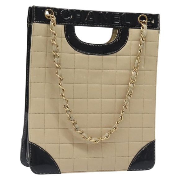 CHANEL Choco Bar Chain Tote Bag Leather Beige Gold CC Auth BA2968