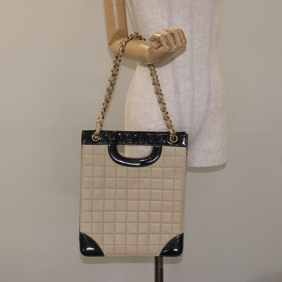 CHANEL Choco Bar Chain Tote Bag Leather Beige Gold CC Auth BA2968