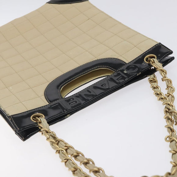 CHANEL Choco Bar Chain Tote Bag Leather Beige Gold CC Auth BA2968