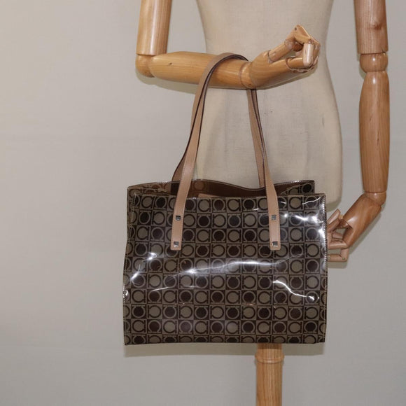 Salvatore Ferragamo Gancini Tote Bag Vinyl Brown Silver Auth BA2989