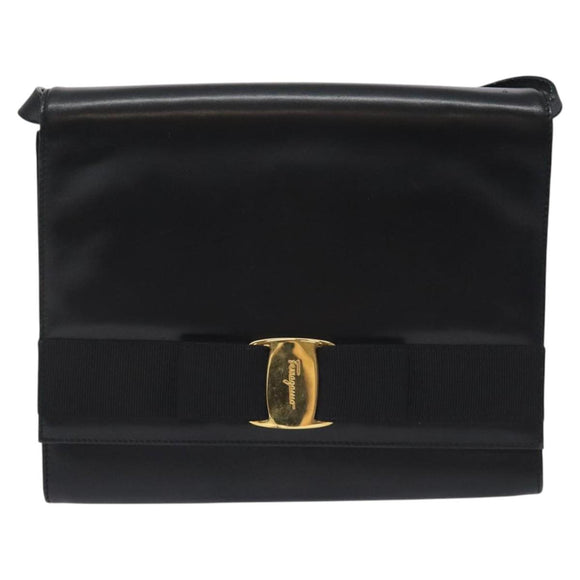 Salvatore Ferragamo Vala Shoulder Bag Leather Black Gold Auth BA3031