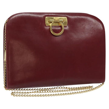 Salvatore Ferragamo Gancini Chain Shoulder Bag Leather Red Gold Auth BA3037