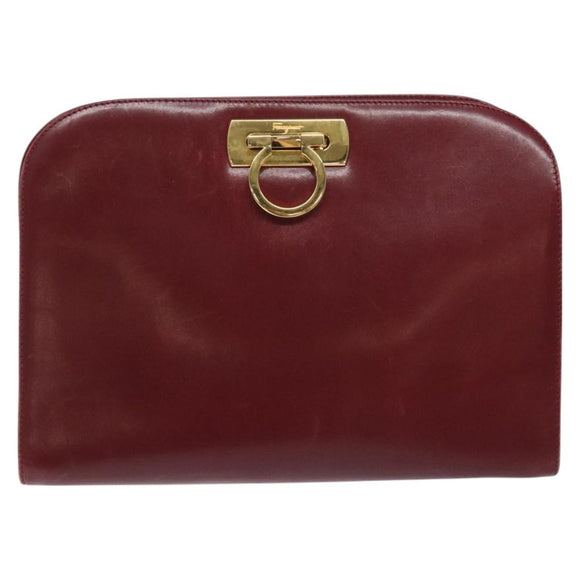 Salvatore Ferragamo Gancini Chain Shoulder Bag Leather Red Gold Auth BA3037