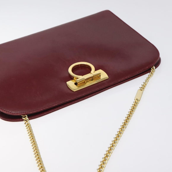 Salvatore Ferragamo Gancini Chain Shoulder Bag Leather Red Gold Auth BA3037