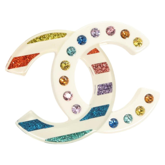 CHANEL COCO Mark Rhinestone Brooch plastic White CC Auth BA3099