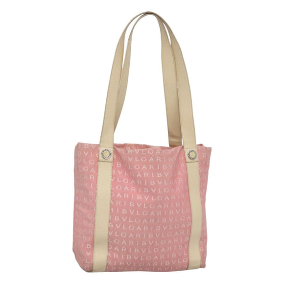 BVLGARI Logo Mania Tote Bag Canvas Pink Silver Auth BA3106