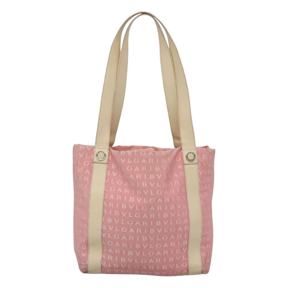 BVLGARI Logo Mania Tote Bag Canvas Pink Silver Auth BA3106