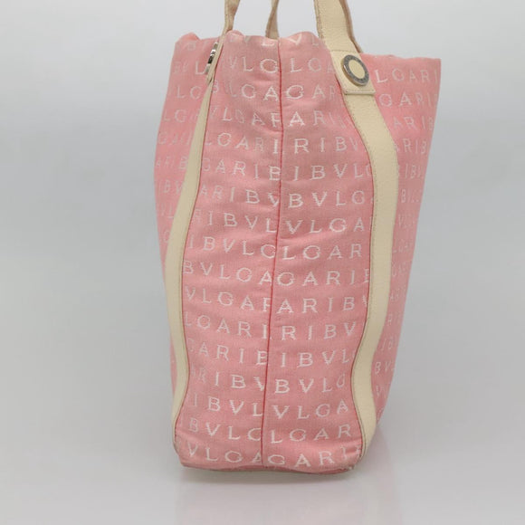 BVLGARI Logo Mania Tote Bag Canvas Pink Silver Auth BA3106