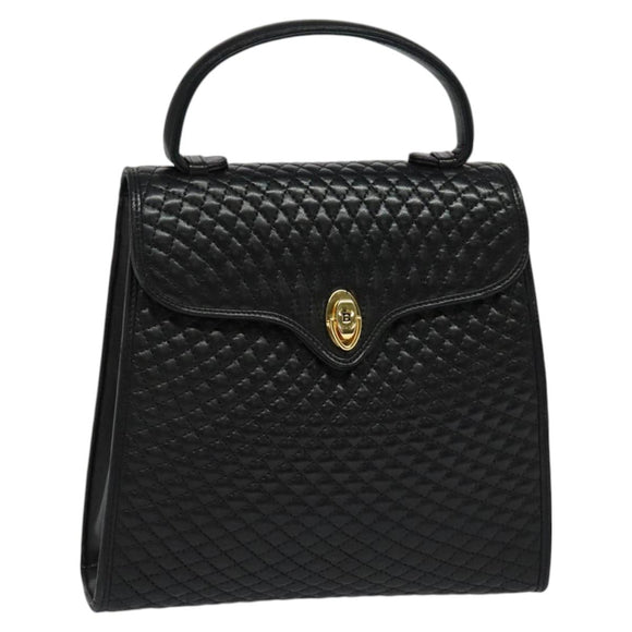 BALLY Quilted Hand Bag Leather Black Gold Auth BA3112