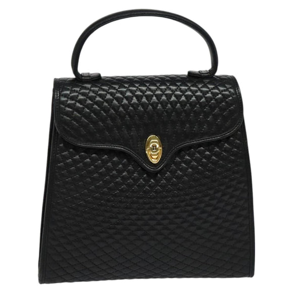 BALLY Quilted Hand Bag Leather Black Gold Auth BA3112