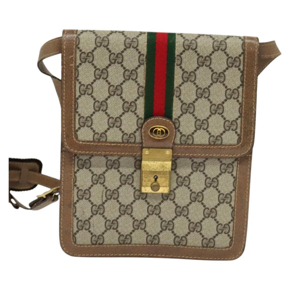 GUCCI GG Supreme Web Sherry Line Shoulder Bag PVC Beige Gold Auth BA3119