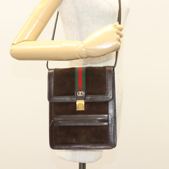 GUCCI GG Canvas Web Sherry Line Bag Suede Leather Dark Brown gold Auth BA3132