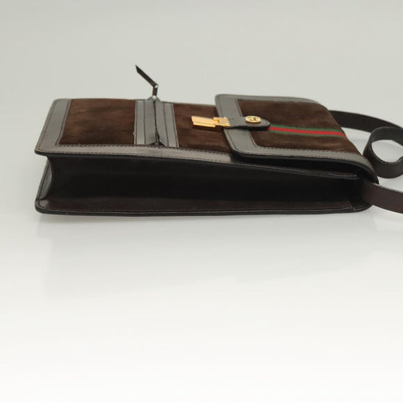 GUCCI GG Canvas Web Sherry Line Bag Suede Leather Dark Brown gold Auth BA3132