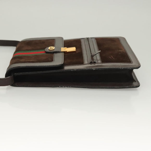 GUCCI GG Canvas Web Sherry Line Bag Suede Leather Dark Brown gold Auth BA3132