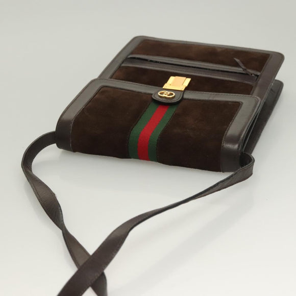 GUCCI GG Canvas Web Sherry Line Bag Suede Leather Dark Brown gold Auth BA3132