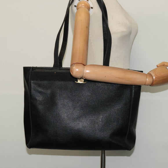 Salvatore Ferragamo Gancini Tote Bag Leather Black Gold Auth BA3136