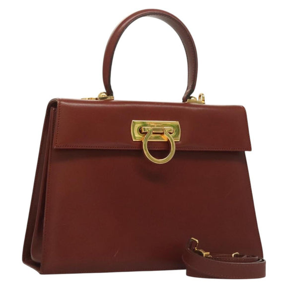 Salvatore Ferragamo Gancini Hand Bag Leather 2way Brown Gold Auth BA3154