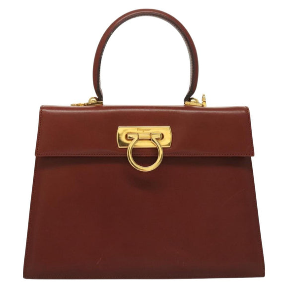 Salvatore Ferragamo Gancini Hand Bag Leather 2way Brown Gold Auth BA3154