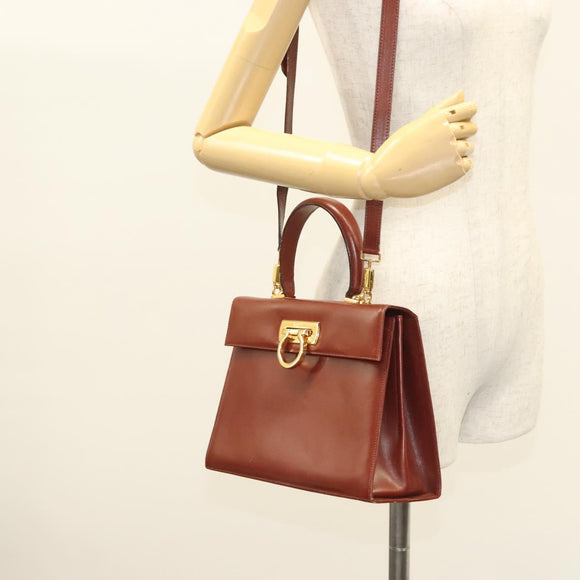 Salvatore Ferragamo Gancini Hand Bag Leather 2way Brown Gold Auth BA3154