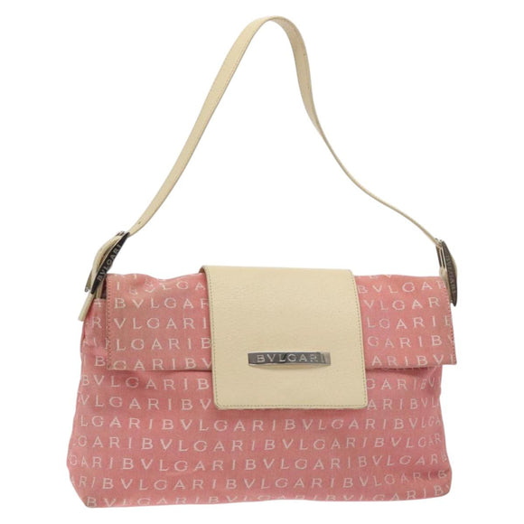 BVLGARI Logo Mania Shoulder Bag Canvas Pink Silver Auth BA3169