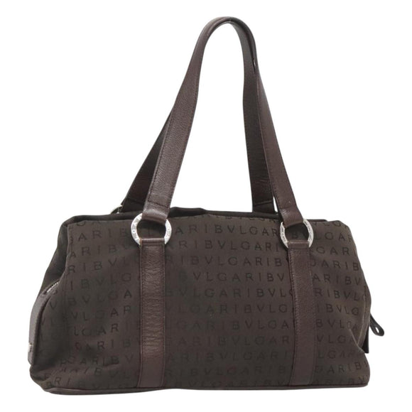 BVLGARI Logo Mania Shoulder Bag Canvas Brown Silver Auth BA3170