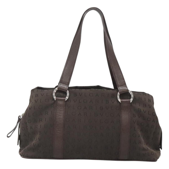BVLGARI Logo Mania Shoulder Bag Canvas Brown Silver Auth BA3170