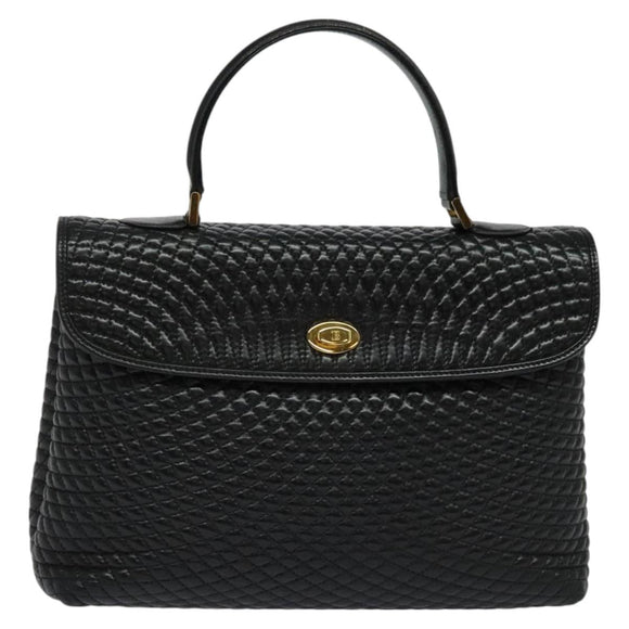 BALLY Quilted Hand Bag Leather Black Gold Auth BA3175