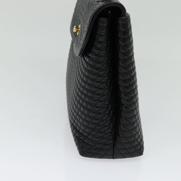 BALLY Quilted Hand Bag Leather Black Gold Auth BA3175