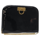 Salvatore Ferragamo Gancini Chain Shoulder Bag Patent Black Gold Auth BA3201-1