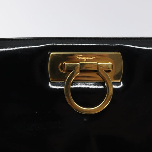 Salvatore Ferragamo Gancini Chain Shoulder Bag Patent Black Gold Auth BA3201