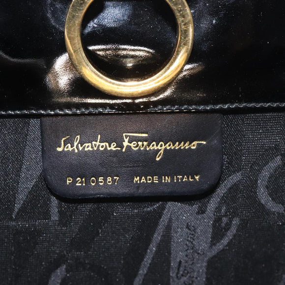 Salvatore Ferragamo Gancini Chain Shoulder Bag Patent Black Gold Auth BA3201