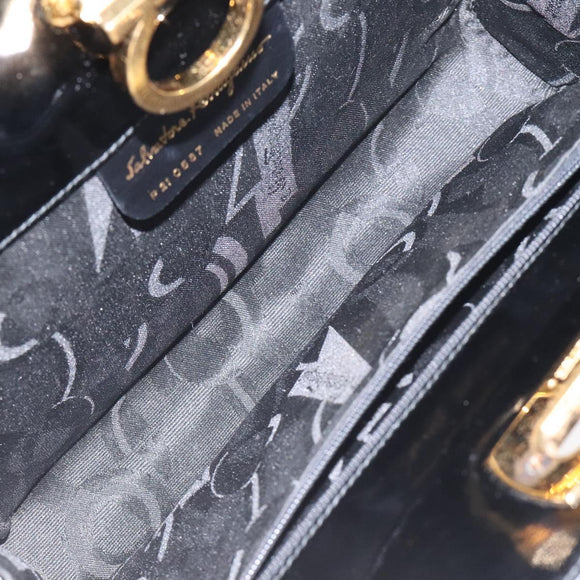 Salvatore Ferragamo Gancini Chain Shoulder Bag Patent Black Gold Auth BA3201