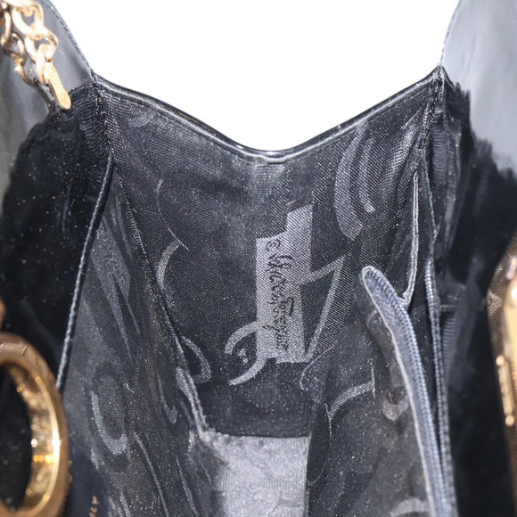 Salvatore Ferragamo Gancini Chain Shoulder Bag Patent Black Gold Auth BA3201