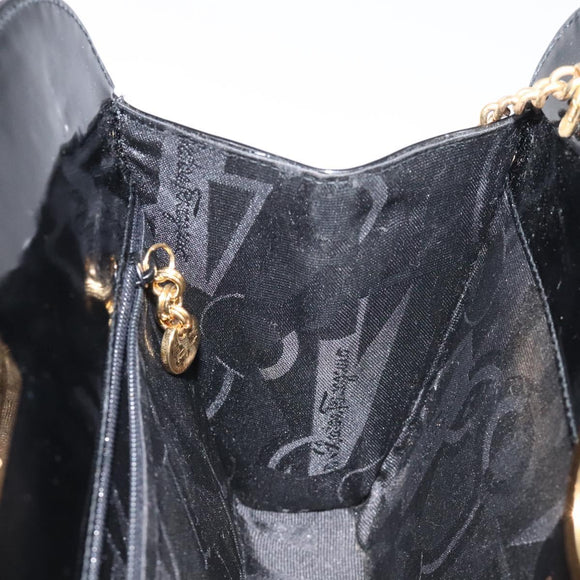 Salvatore Ferragamo Gancini Chain Shoulder Bag Patent Black Gold Auth BA3201