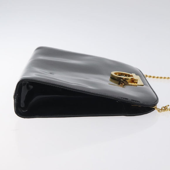 Salvatore Ferragamo Gancini Chain Shoulder Bag Patent Black Gold Auth BA3201