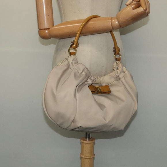 Salvatore Ferragamo Vala Shoulder Bag Nylon Beige Gold Auth BA3215