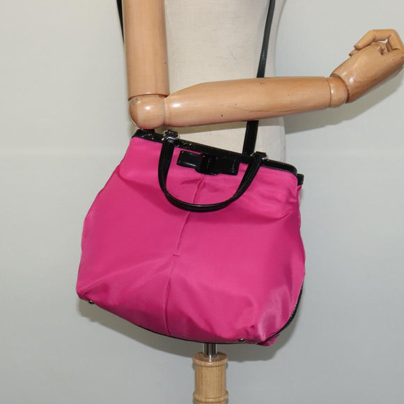 Salvatore Ferragamo Vala Hand Bag Nylon 2way Pink Silver Auth BA3216