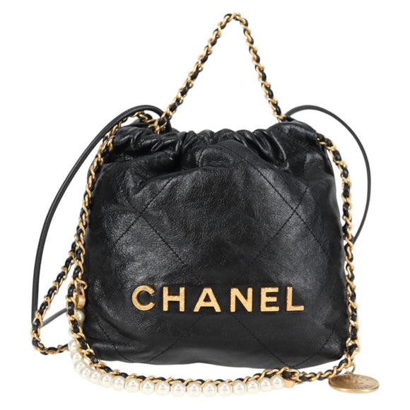 CHANEL Chain Chanel 22 Shoulder Bag Leather Black Gold CC Auth BA3220SM