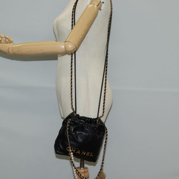 CHANEL Chain Chanel 22 Shoulder Bag Leather Black Gold CC Auth BA3220SM