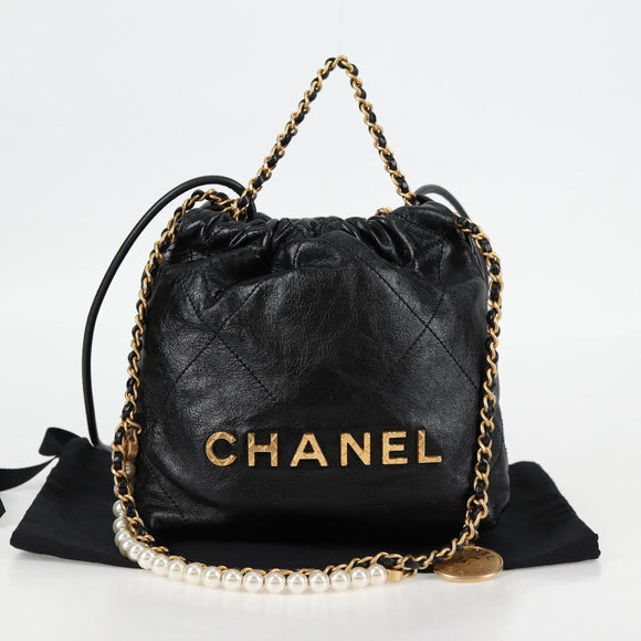 CHANEL Chain Chanel 22 Shoulder Bag Leather Black Gold CC Auth BA3220SM