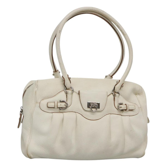 Salvatore Ferragamo Gancini Schoudertas Leer Wit Zilver Auth BA3224