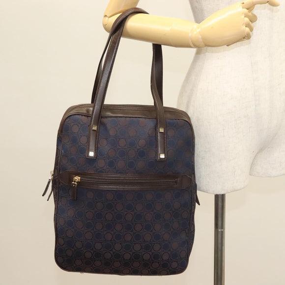 Salvatore Ferragamo Gancini Hand Bag Canvas Navy Gold Auth BA3244