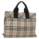 BURBERRY Nova Check Blue Label Hand Bag Nylon Beige Silver Auth BA3308-1