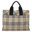 BURBERRY Nova Check Blue Label Hand Bag Nylon Beige Silver Auth BA3308-13