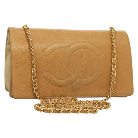 CHANEL Chain Long Wallet Caviar Skin Beige Gold CC Auth BA3314