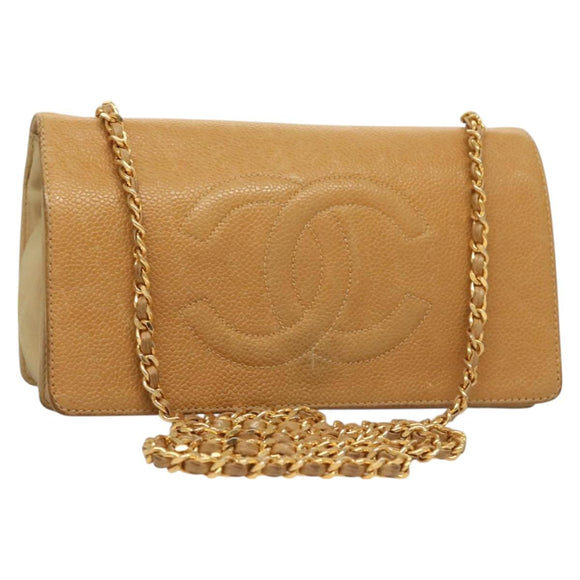 CHANEL Chain Long Wallet Caviar Skin Beige Gold CC Auth BA3314