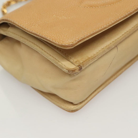 CHANEL Chain Long Wallet Caviar Skin Beige Gold CC Auth BA3314