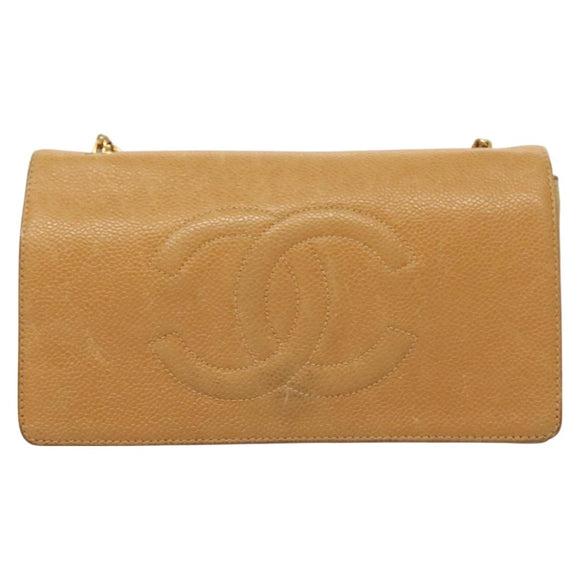 CHANEL Chain Long Wallet Caviar Skin Beige Gold CC Auth BA3314